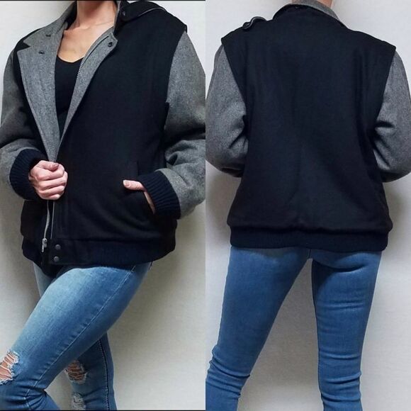 Vintage 80s Horizon Outerwear Black Gray Wool Filled Puffer Bomber Jacket Medium - Picture 1 of 16